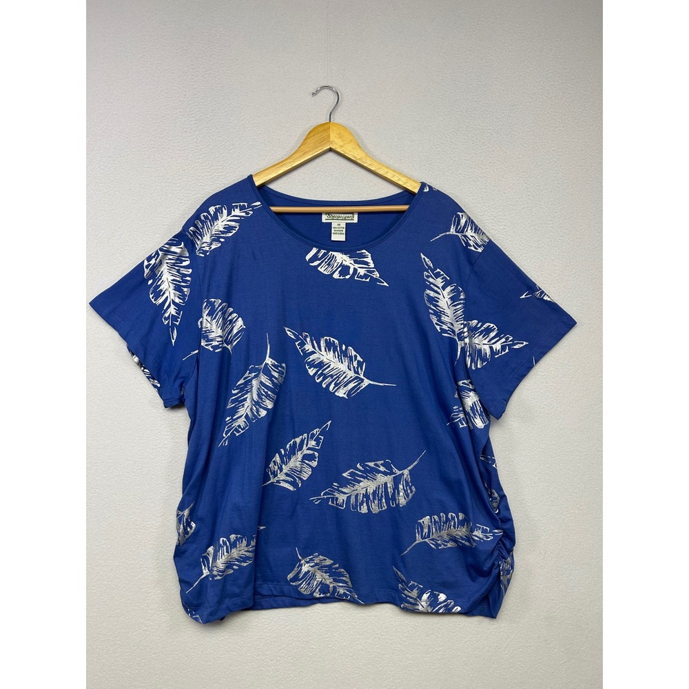 Tropical Coastal Shenanigans Women 3X Blue Silver Foil Leaf Ruched Side Tee